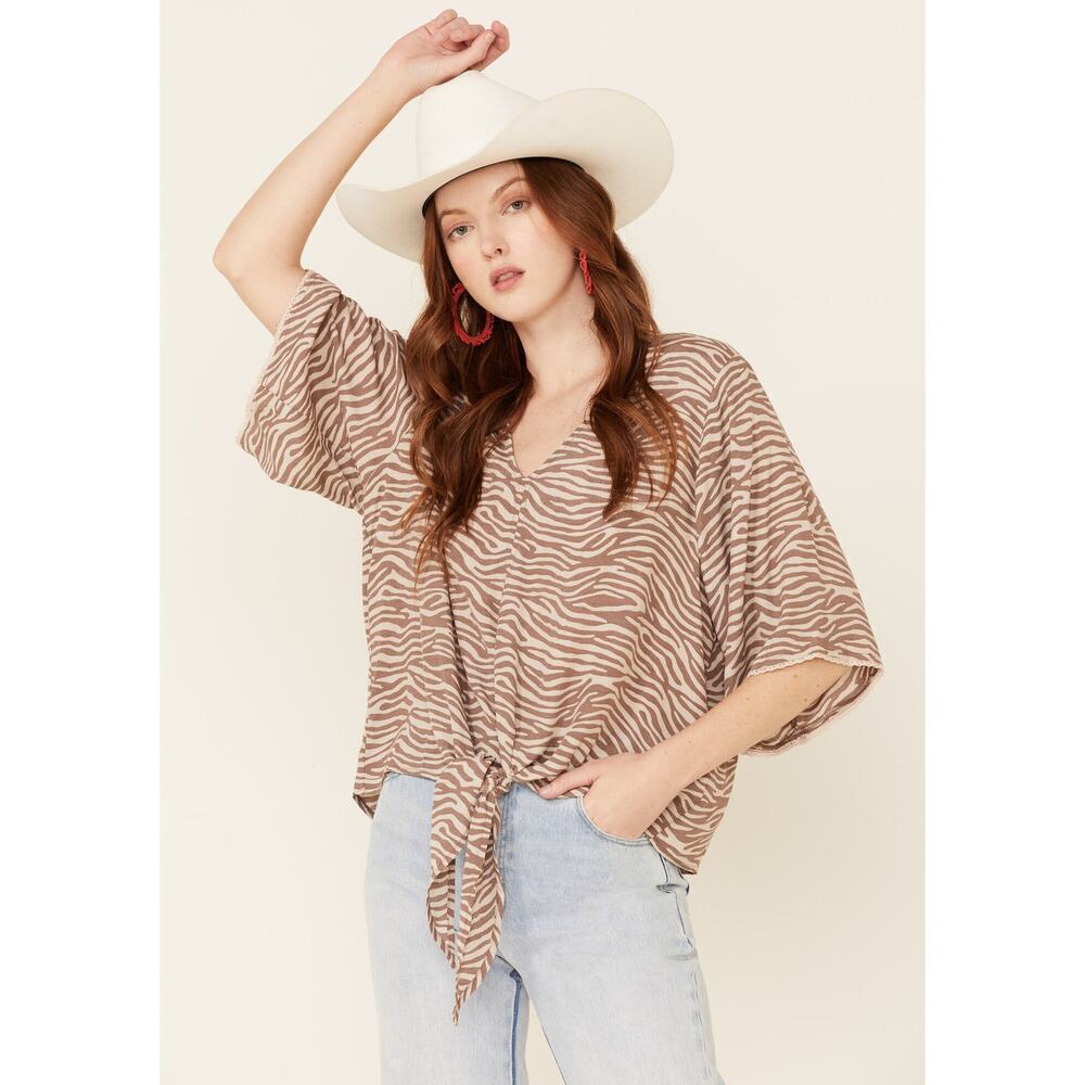 Ariat Womens Zebra Print Tie Front Foster Top 3/4 Sleeve - Medium